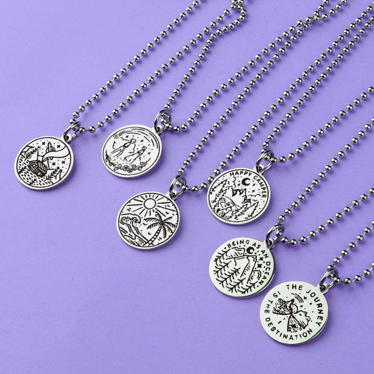 Wholesale Outdoor Travel Scenery Stainless Steel Round Plate Necklace Keychain